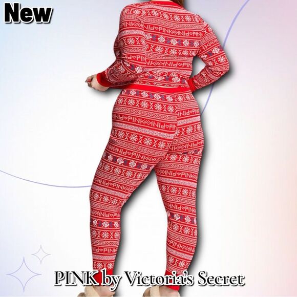 New PINK by Victoria’s Secret Thermal Long Pajama Set – Bright Vermillion Fair I - Picture 3 of 3